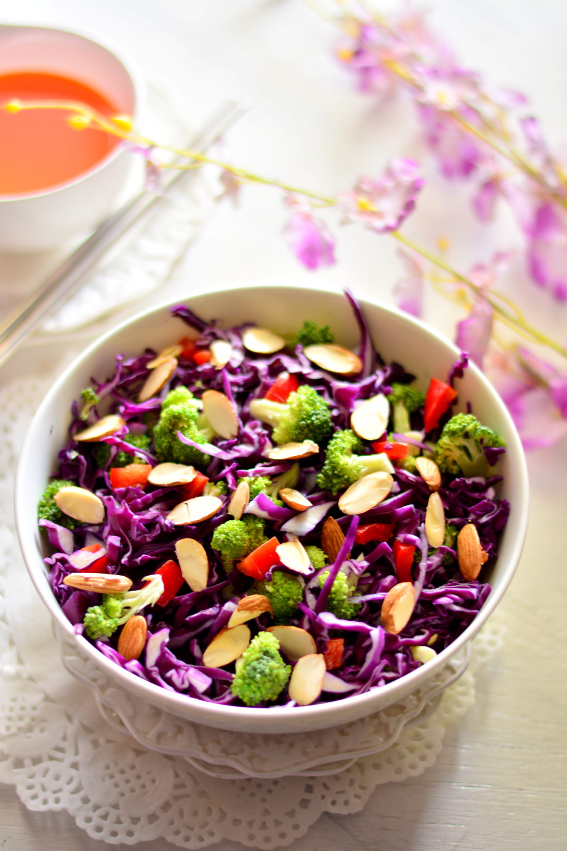 Purple Cabbage & Broccoli Salad with Miso Orange & Almond Dressing
