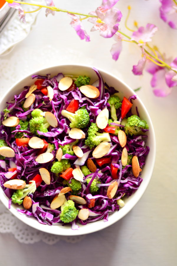 Purple Cabbage & Broccoli Salad with Miso Orange & Almond Dressing