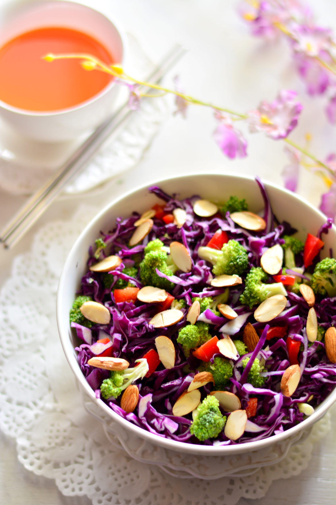 Purple Cabbage & Broccoli Salad with Miso Orange & Almond Dressing